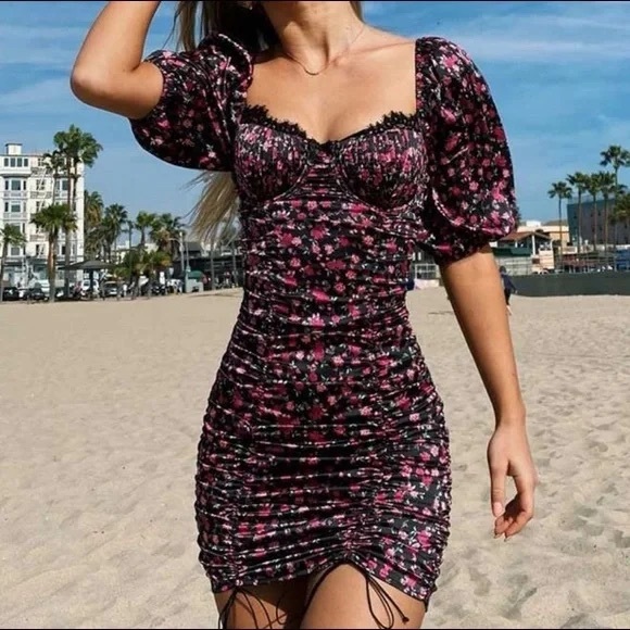 For Love and Lemons Melrose Black Pink Floral Ruched Mini Dress Size small - Picture 1 of 8